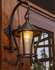 Decorative outdoor wrought iron wall light fixture on a wooden door