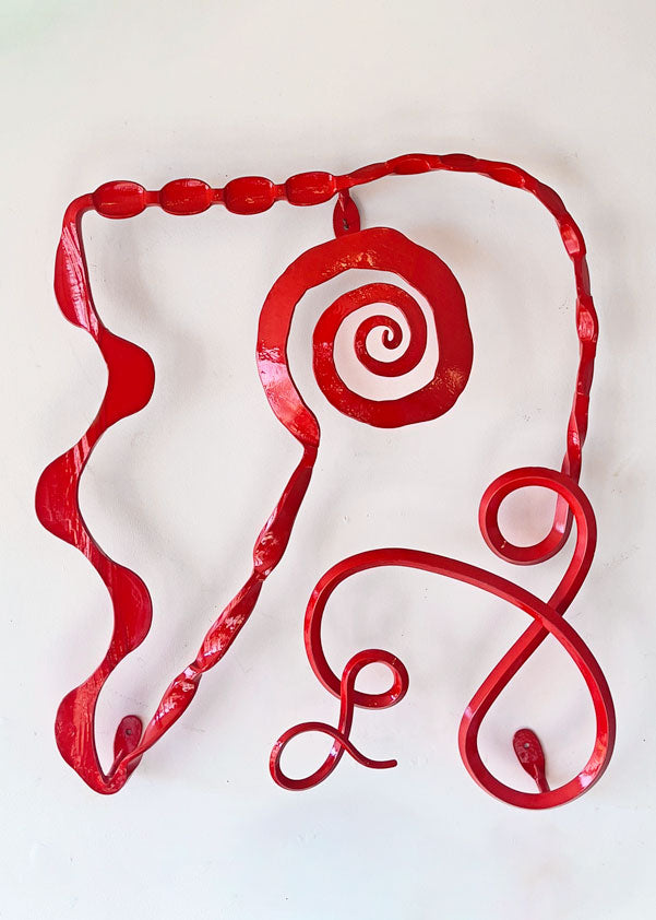 Red abstract wall sculpture - Musing #17 by Christopher Thomson Ironworks.