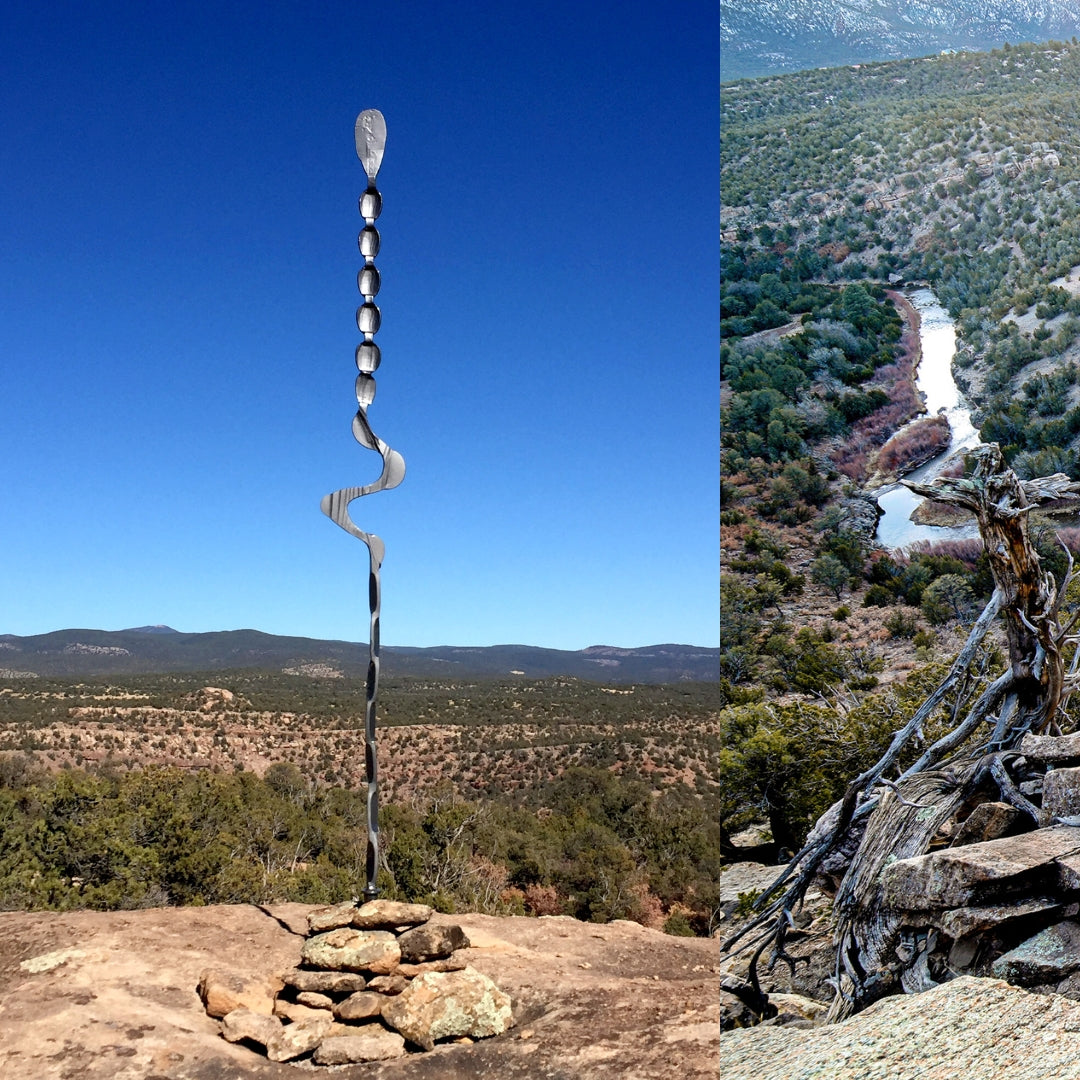 Steel sculpture on a cliff side in New Mexico, overlooking the Pecos River.