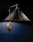 Estate Iron Wall Sconce with an 90 degree arm bend a large cone shaped hood.