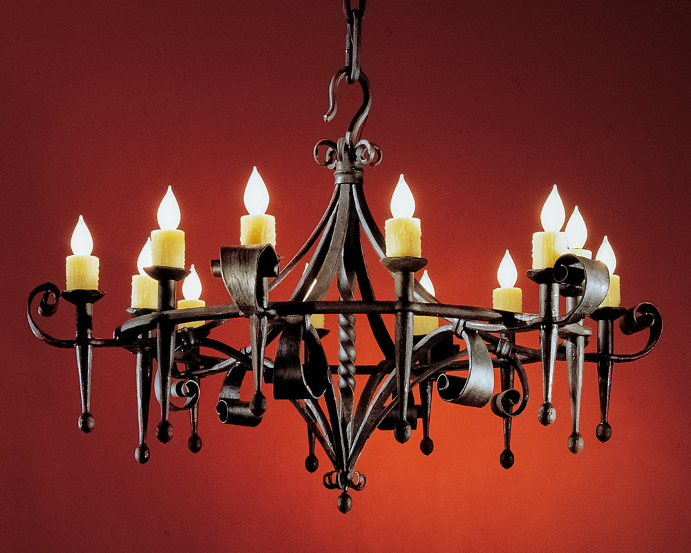 Large wrought iron chandelier. Product is Grande Rustic Fleur Chandelier.