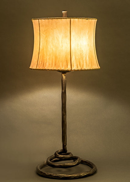 Spiral Wrought Iron Lamp with Contemporary Drum Sheepskin Shade by Christopher Thomson Ironworks.