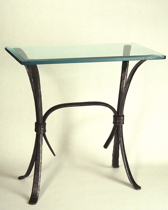 Wrought Iron Foyer Table shown with a glass top. Sturdy, handmade furniture by designer blacksmith, Christopher Thomson.