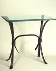 Wrought Iron Foyer Table shown with a glass top. Sturdy, handmade furniture by designer blacksmith, Christopher Thomson.