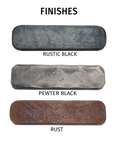 Finishes available for Vessel Bed, showing Rustic Black, Pewter Black and Rust.