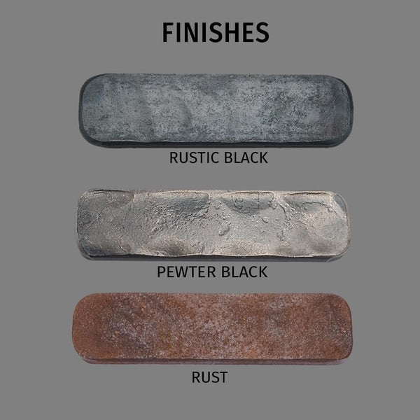 "FINISHES - RUSTIC BLACK, PEWTER BLACK, RUST" metal finish samples for Wall Mounted Iron Fireplace Tool Set.