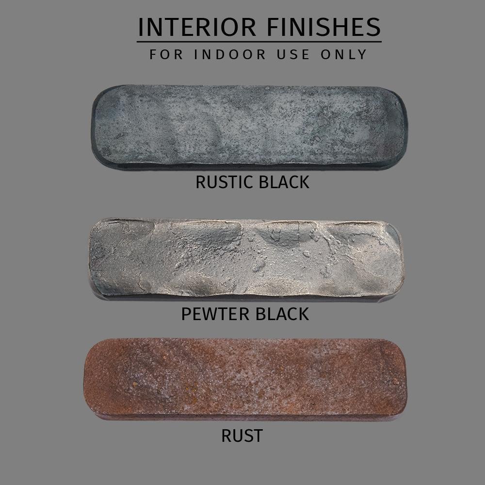 Metal finish samples. Reads: Interior finishes for indoor use only- rustic black, pewter black, and rust.