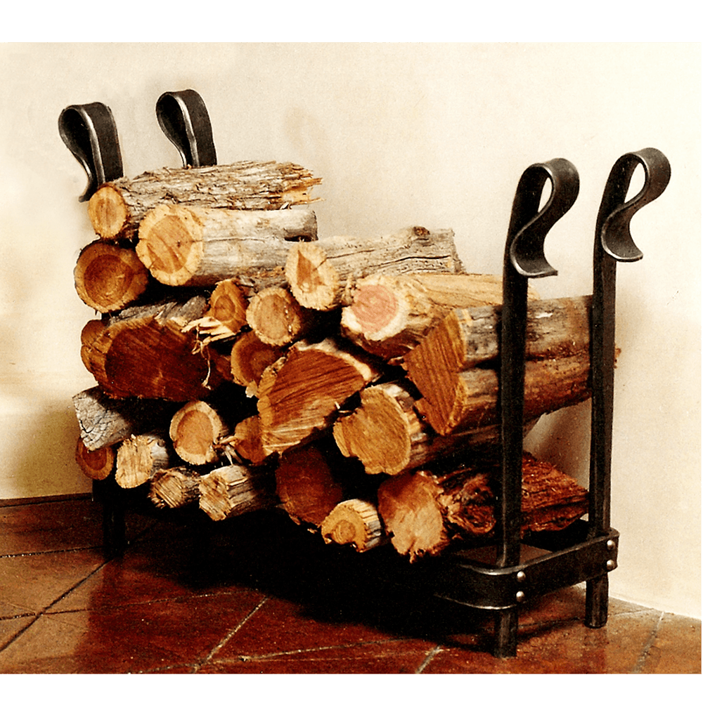 Large wrought iron log holder with wood.