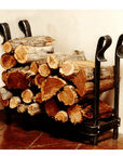 Large wrought iron log holder with wood.