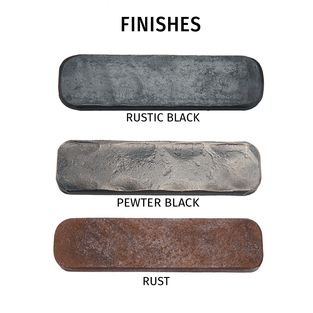 Round Iron Coffee Table finish samples. "FINISHES - RUTIC BLACK, PEWTER BLACK, RUST"