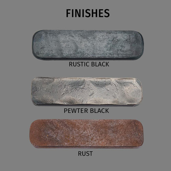 Forged steel finish samples of Rustic Black, Pewter Black and Rust, available for "Three Tool Fireplace Set" by Christopher Thomson Ironworks