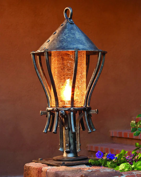 Hand-forged wrought iron light fixture - Post Iron Lantern, part of our iron lighting collection by New Mexico blacksmith Christopher Thomson.