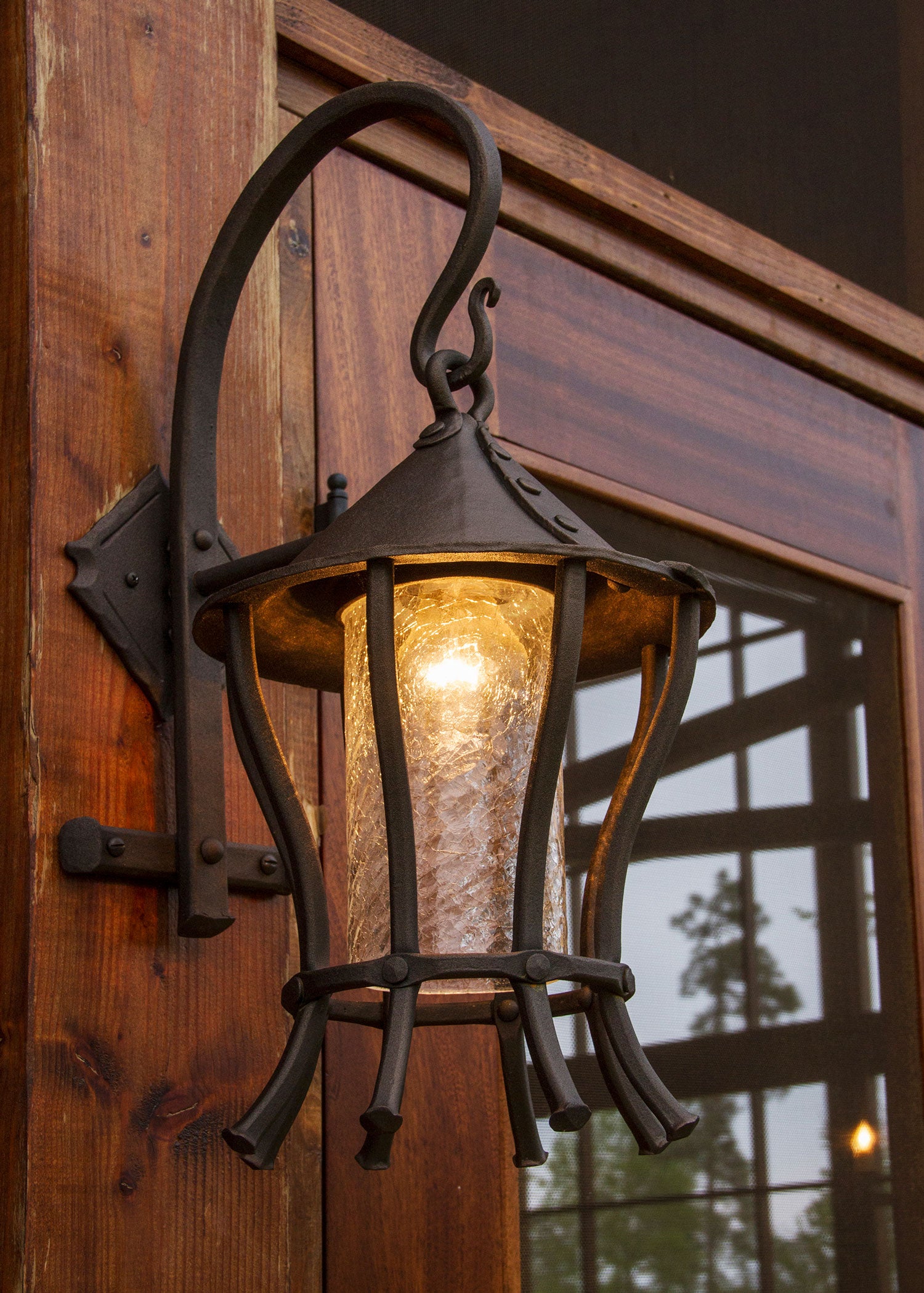 Decorative outdoor wrought iron wall light fixture on a wooden door