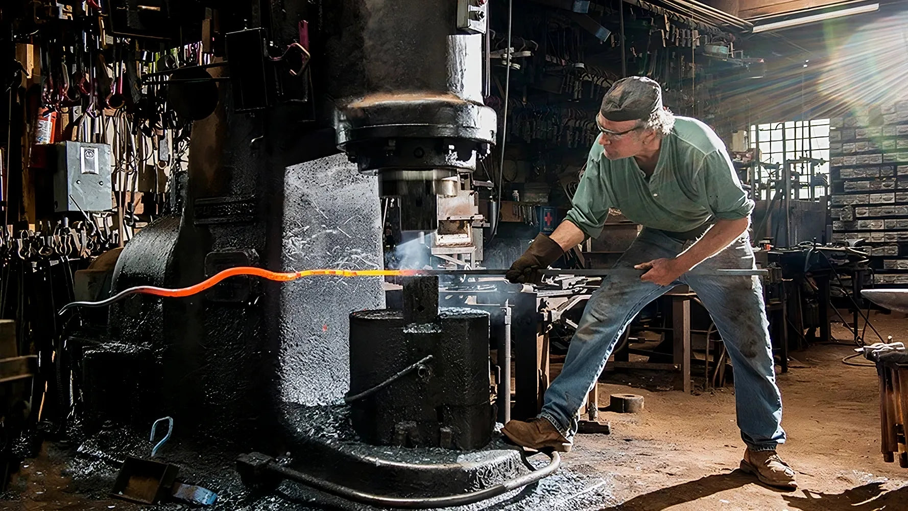 Home page banner showing blacksmith, Christopher Thomson, power hammering a sculptural element. 