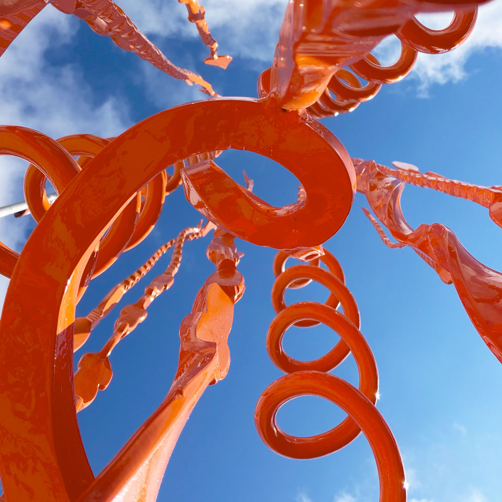 Forged steel spiral tendrils of Spiral Pajos #5, viewed from below
