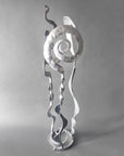 Chrome Baby Bloom hand forged steel sculpture — Rose, Balloon, and Meander forms on a spiral base, front view, 36 inches tall