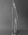 Chrome Baby Paho hand forged steel sculpture, side view showing uneven height and curve of the three forms