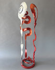 Hand forged Baby Bloom sculpture by Christopher Thomson with sweeping copper colored forms, polished chrome accent, and a dynamic free-standing composition.