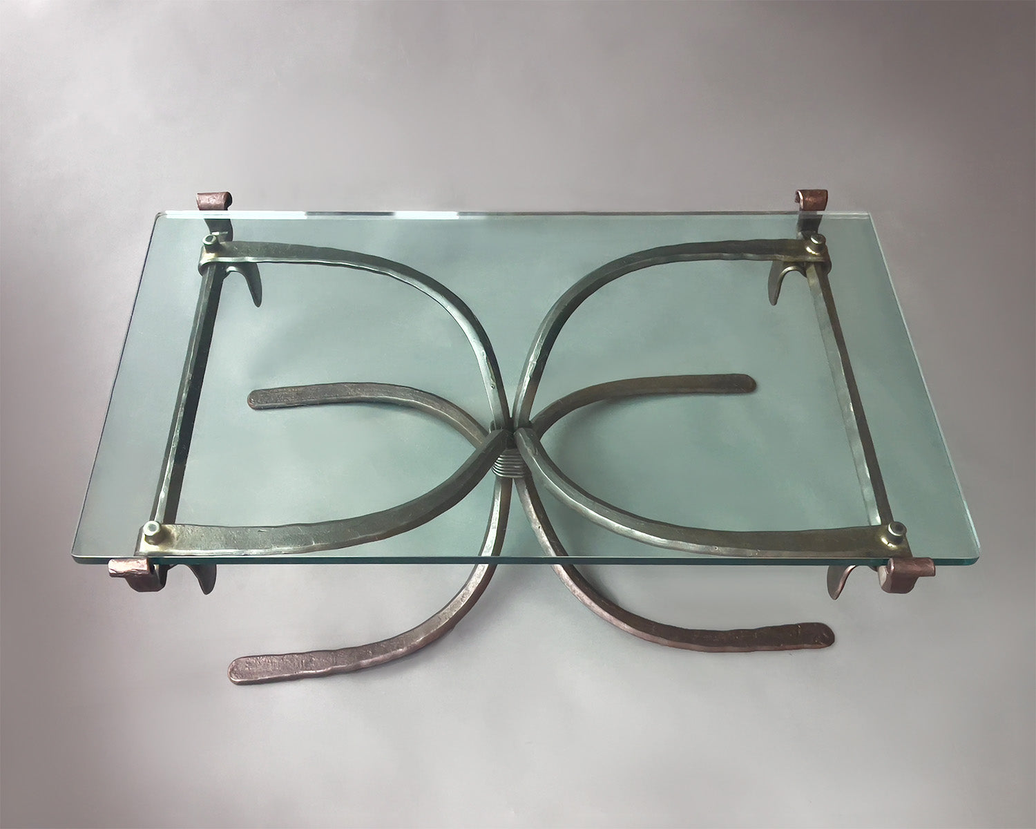 Top view of Hacienda Wrought Iron Coffee Table by Christopher Thomson. Shown in a pewter black steel coat finish.