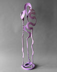 Lavender powder coated hand forged steel Baby Bloom sculpture, 37 inches tall, with Rose, Meander and Balloon forms on circular spiral base, Northern New Mexico