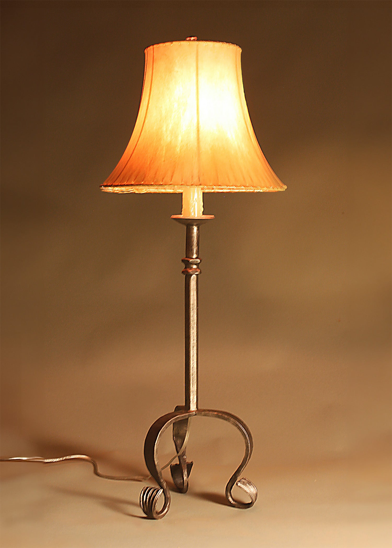 Le Dordogne Wrought Iron Lamp with Flair Sheepskin Shade by Christopher Thomson Ironworks.