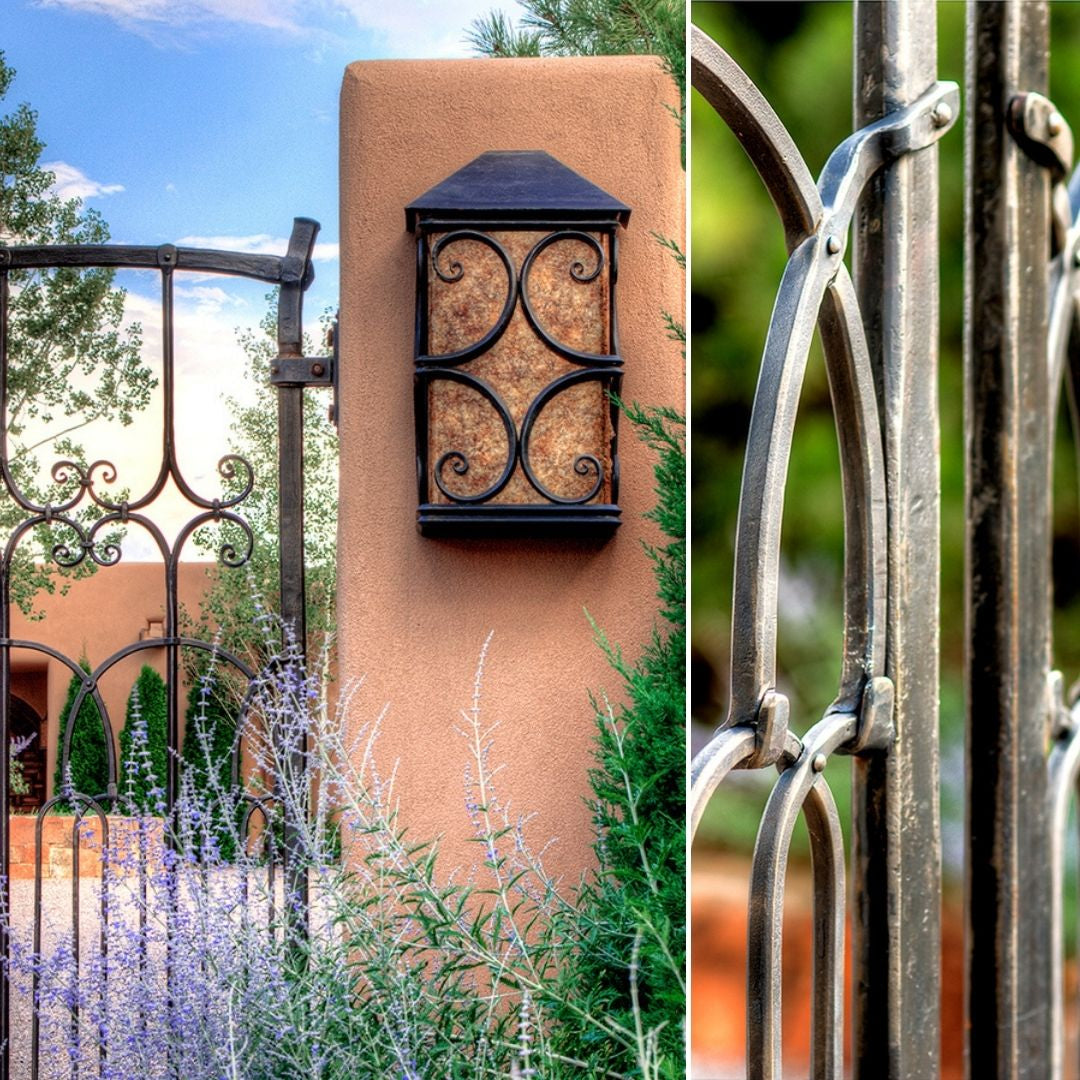 Custom Iron Gate and lantern light fixture made for a Santa Fe mansion by Christopher Thomson Ironworks.