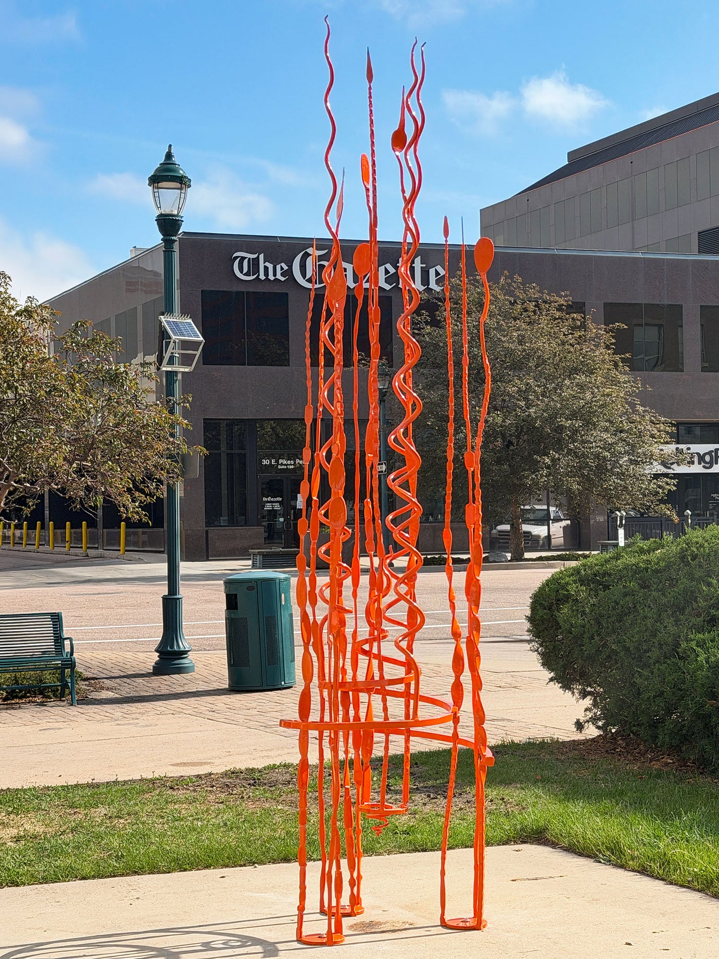 Spiral Pajos #5 by Christopher Thomson, a hand forged steel public sculpture on Pikes Peak Avenue in Colorado Springs