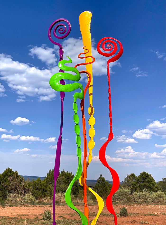 Colorful abstract sculptures by Santa Fe blacksmith, Christopher Thomson.