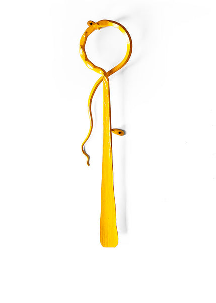 Abstract minimalist wall sculpture with a loop on one end and a feather like shape on the other. Powder-coated with yellow paint.