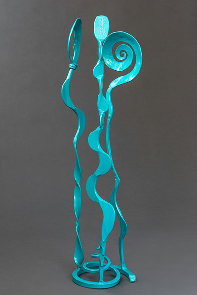 Turquoise "Baby Bloom" forged steel sculpture.