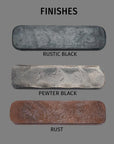 Metal finish samples for wrought iron Circle Lamp.  Text reads, "Finishes: Rustic Black, Pewter Black and Rust".