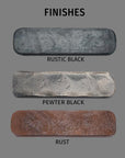 Wrought iron finish samples of Rustic Black, Pewter Black, and Rust.