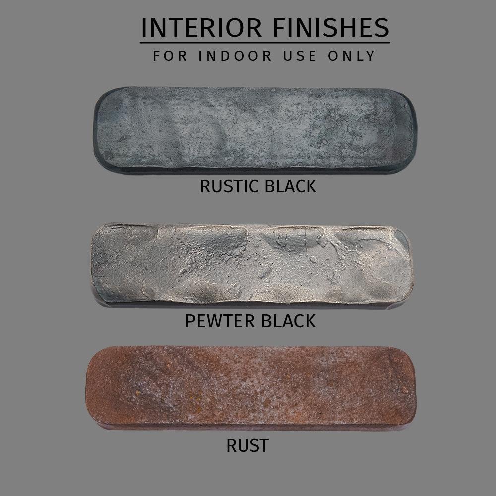 Metal finish samples for interior use. Rustic Black, Pewter Black and Rust.