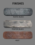 Wrought iron finish samples of Pewter Black, Rustic Black, and Rust.