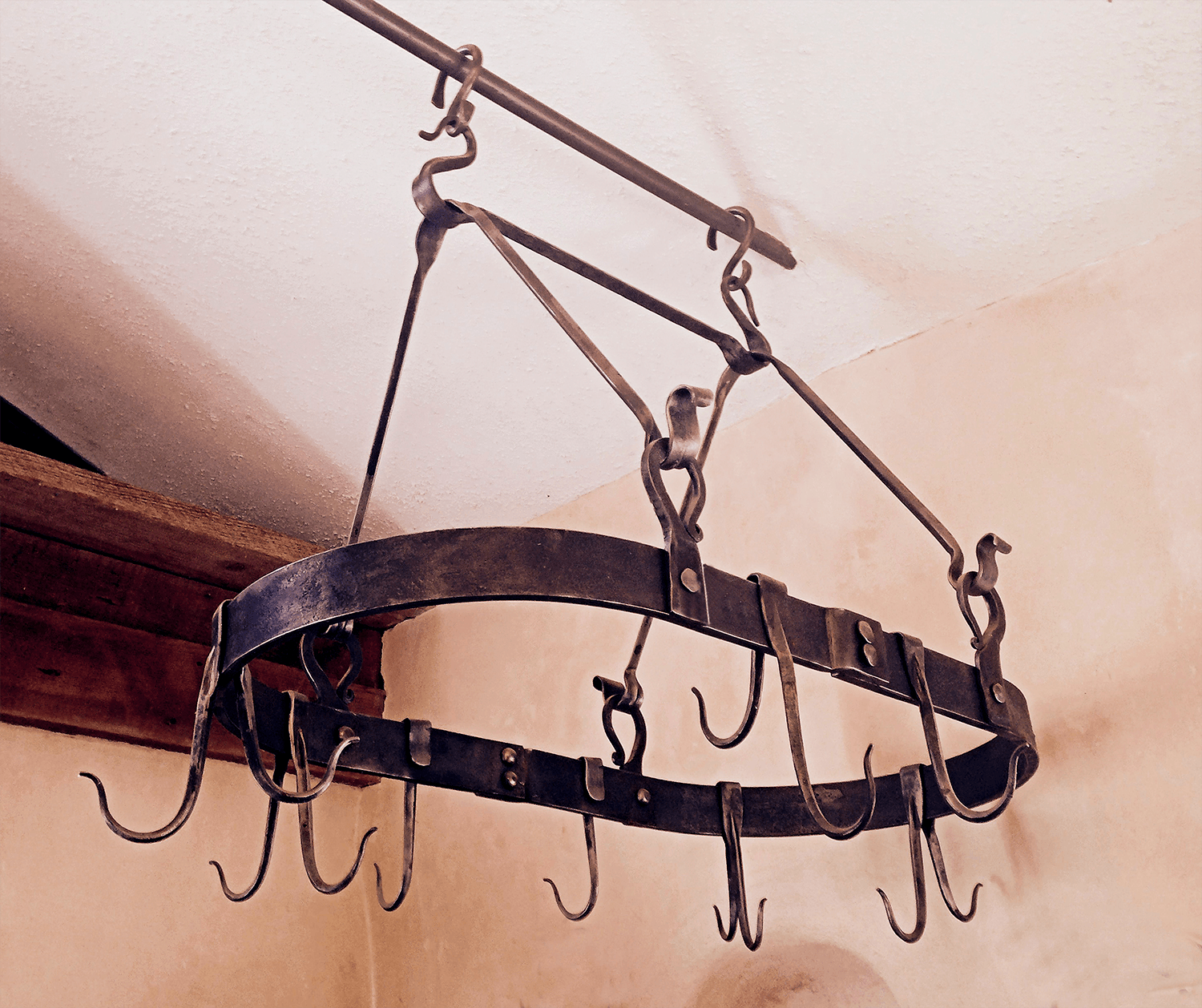 Rustic wrought iron Kitchen Pot Rack hand forged by Santa Fe blacksmith, Christopher Thomson Ironworks.