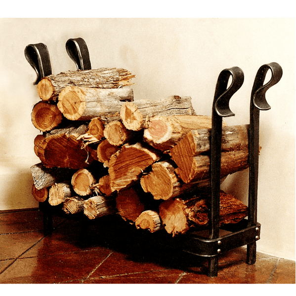 Large forged steel log holder with wood.