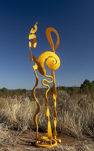 Yellow &quot;Baby Bloom&quot; forged steel sculpture by Christopher Thomson Ironworks.